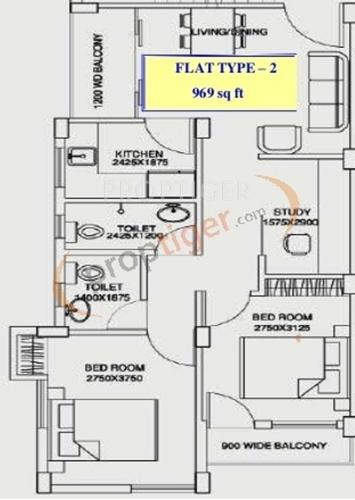 Magnolia Greens (2BHK+2T (969 sq ft)   Study Room 969 sq ft)