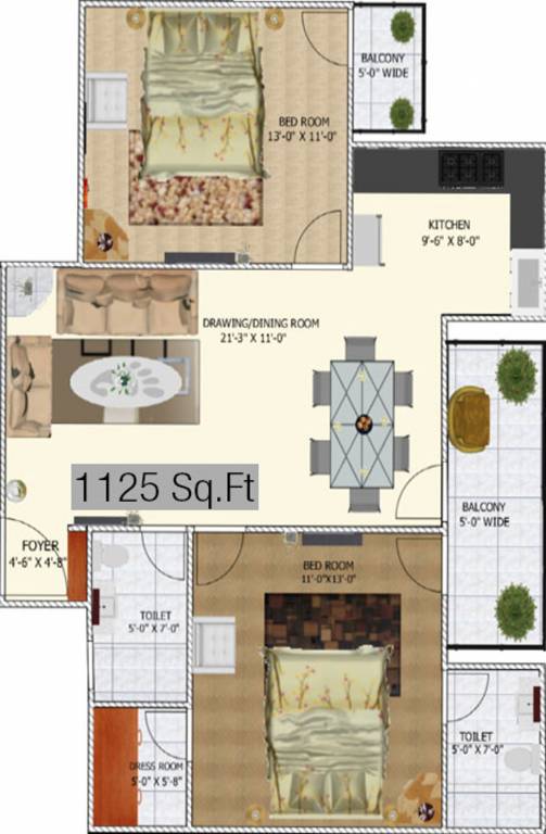 Royce Woods (2BHK+2T (1,125 sq ft) 1125 sq ft)
