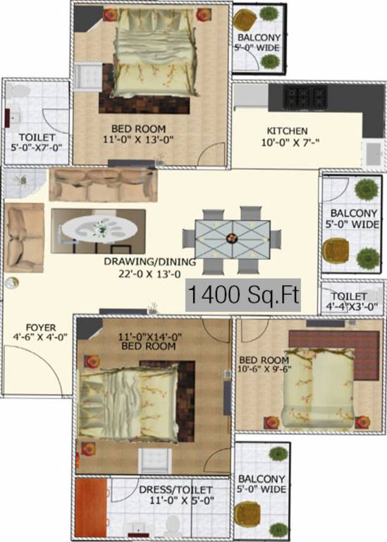 Royce Woods (3BHK+3T (1,400 sq ft) 1400 sq ft)