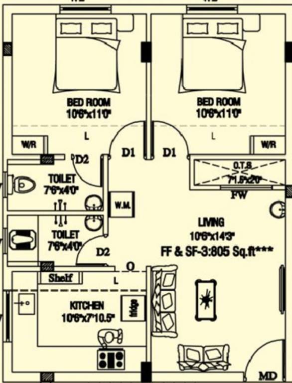 Ourhomes The Moon (2BHK+2T (805 sq ft) 805 sq ft)