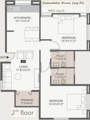 Water Stone Srishti (2BHK+2T (965 sq ft) 965 sq ft)