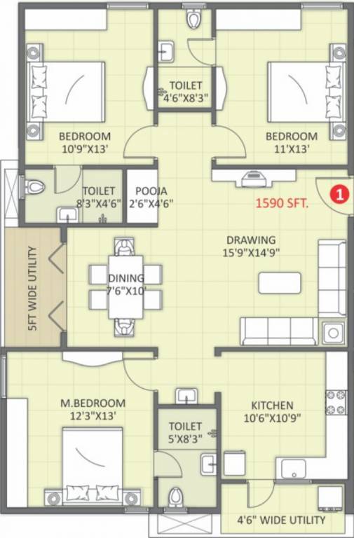 Saroj Symphony (3BHK+3T (1,590 sq ft) + Pooja Room 1590 sq ft)