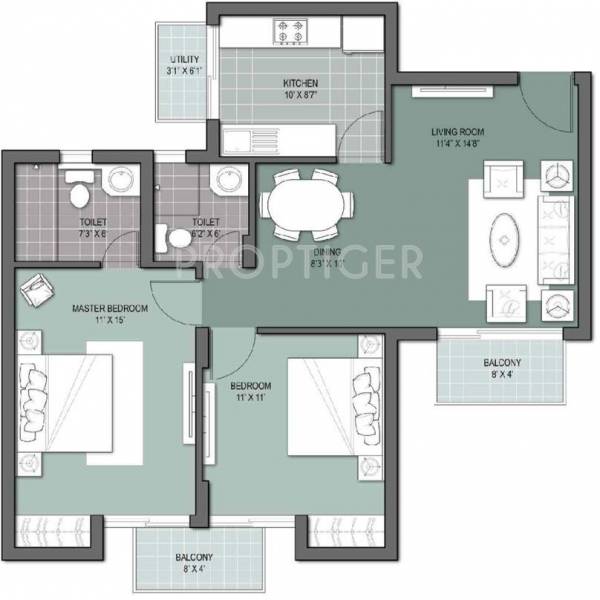 Unitech Gardens (2BHK+2T (1,050 sq ft) 1050 sq ft)