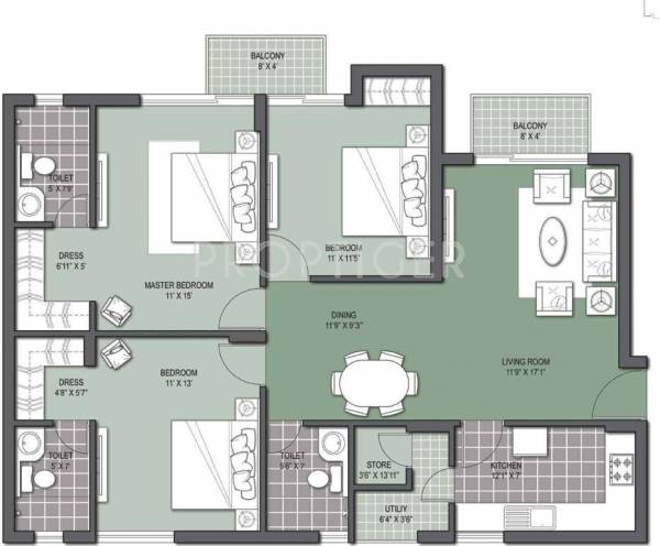 Unitech Gardens (3BHK+3T (1,485 sq ft) 1485 sq ft)
