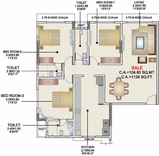 Pruthvi Serene (3BHK+3T (1,128 sq ft) 1128 sq ft)