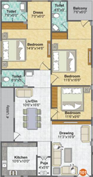 Happy Sarojini Happy Homes (3BHK+3T (1,950 sq ft) + Pooja Room 1950 sq ft)