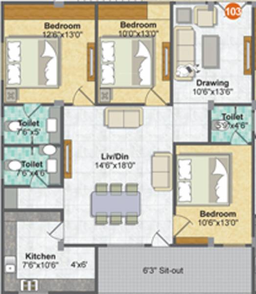 Happy Sarojini Happy Homes (3BHK+3T (1,750 sq ft) 1750 sq ft)