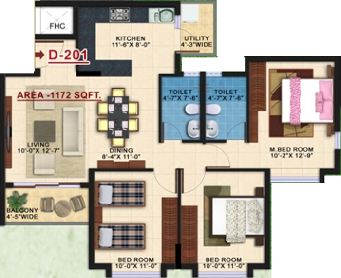 1172 sq ft 3 BHK Floor Plan Image Kolte Patil Developers