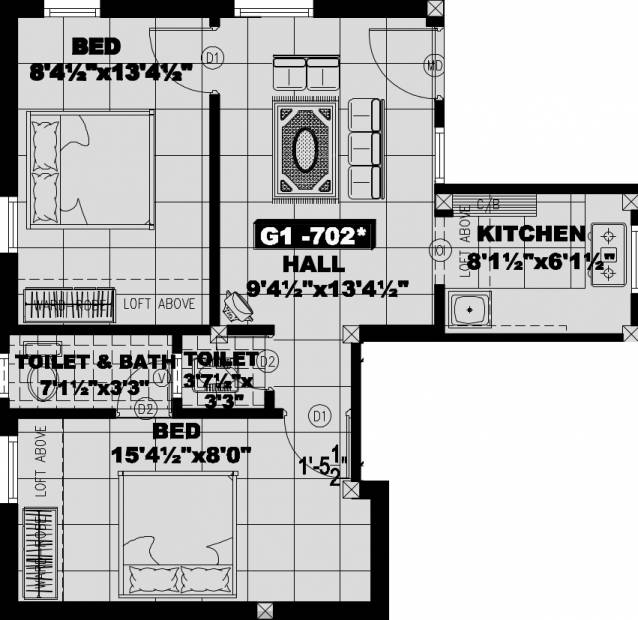 Srivarie Sri Padmavathi Floor Plan (2BHK+2T (702 sq ft) 702 sq ft)