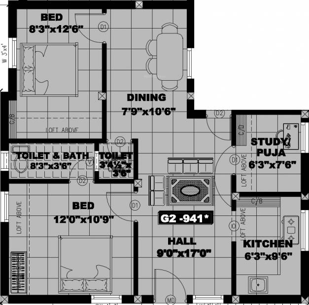 Srivarie Sri Padmavathi Floor Plan (2BHK+2T (941 sq ft) + Study Room 941 sq ft)