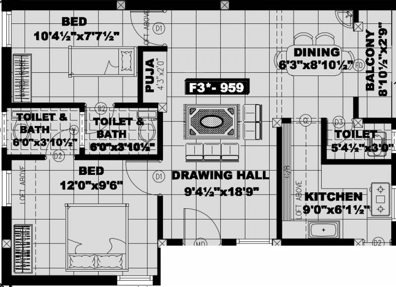 Srivarie Sri Padmavathi Floor Plan (2BHK+2T (959 sq ft) + Pooja Room 959 sq ft)