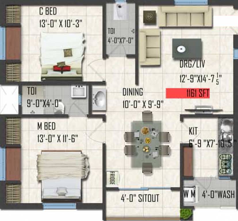 Vijayacon Vijaya Meadows (2BHK+2T (1,161 sq ft) 1161 sq ft)