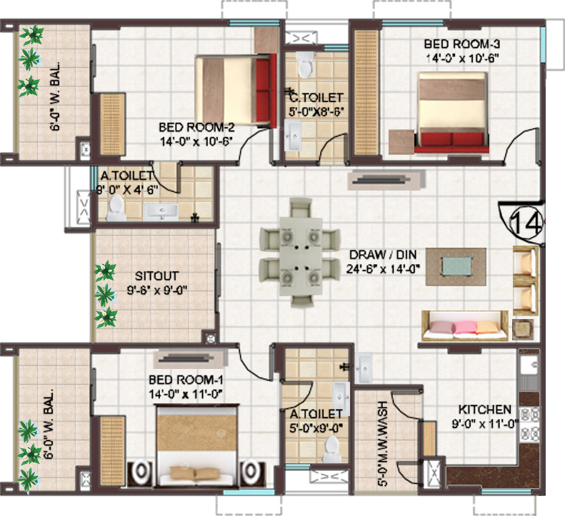 Manjeera Monarch (3BHK+3T (1,823 sq ft) 1823 sq ft)