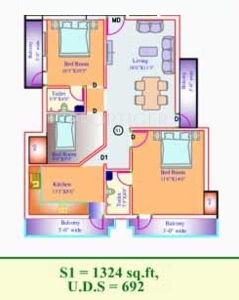 Santhi Soorya Apartment (3BHK+2T (1,324 sq ft) 1324 sq ft)