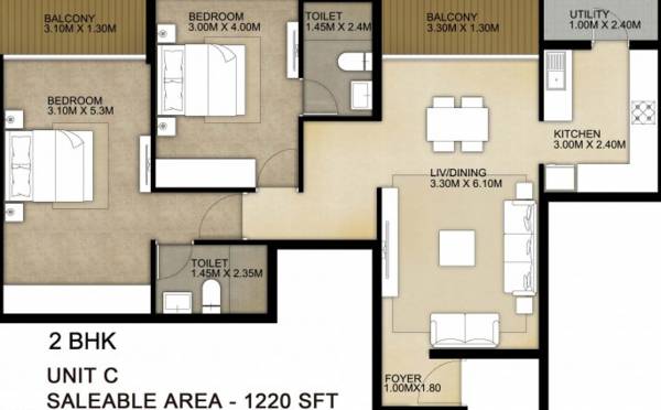 Nucleus BayVue (2BHK+2T (1,220 sq ft) 1220 sq ft)