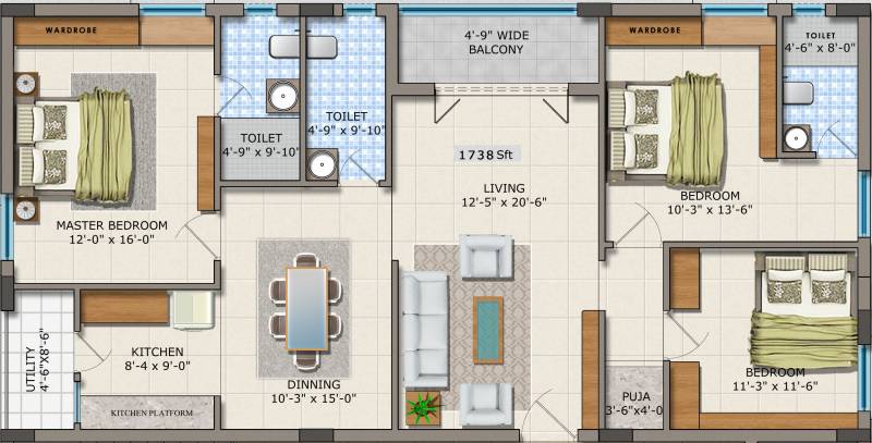 Sahiti Vasuki Chandini Jewel (3BHK+3T (1,738 sq ft) + Pooja Room 1738 sq ft)