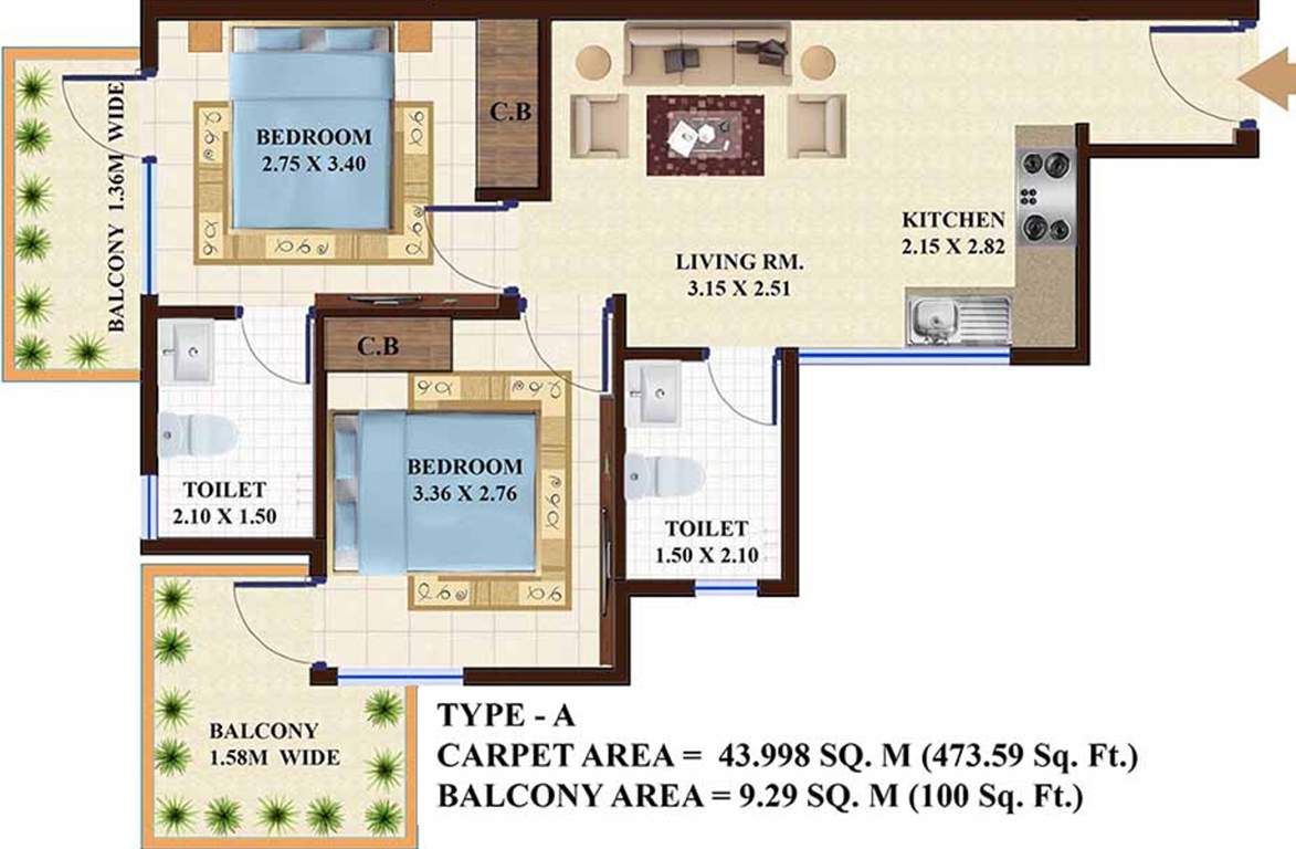 Adore Happy Homes (2BHK+2T (474 sq ft) 474 sq ft)