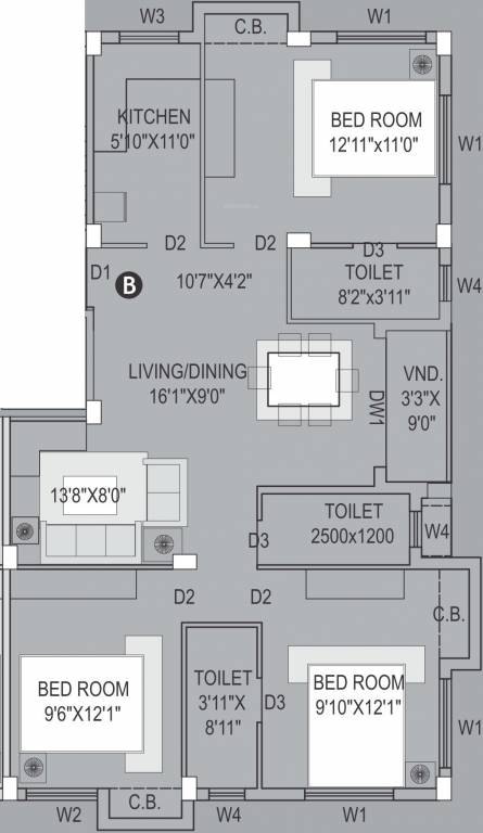 Eden Elements (3BHK+3T (1,400 sq ft) 1400 sq ft)