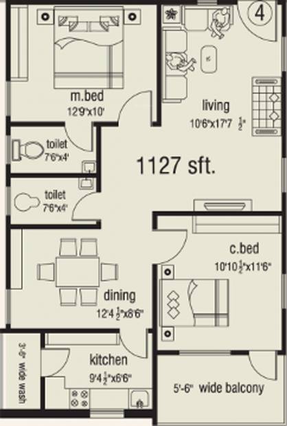 Lakshmi Ocean Greens (2BHK+2T (1,127 sq ft) 1127 sq ft)