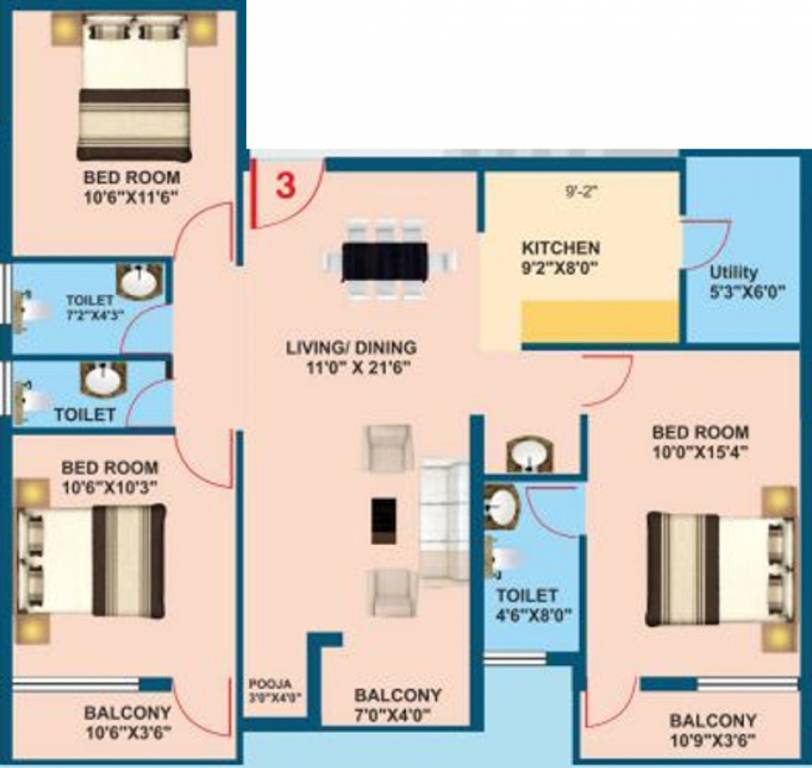 Vasundara Skyscape (3BHK+3T (1,350 sq ft) + Pooja Room 1350 sq ft)