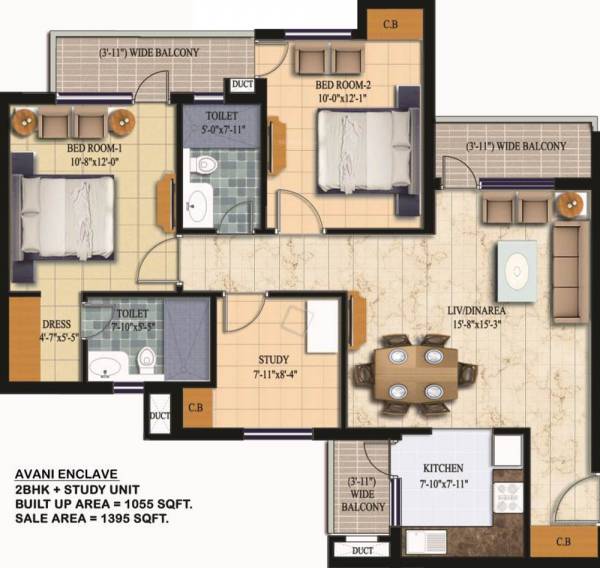 New Modern Buildwell Avani Enclave (2BHK+2T (1,395 sq ft) + Study Room 1395 sq ft)