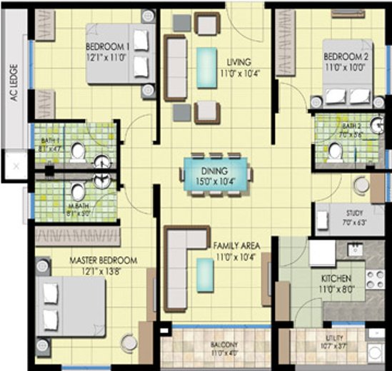 Emami Swanlake (3BHK+3T (1,636 sq ft) + Study Room 1636 sq ft)