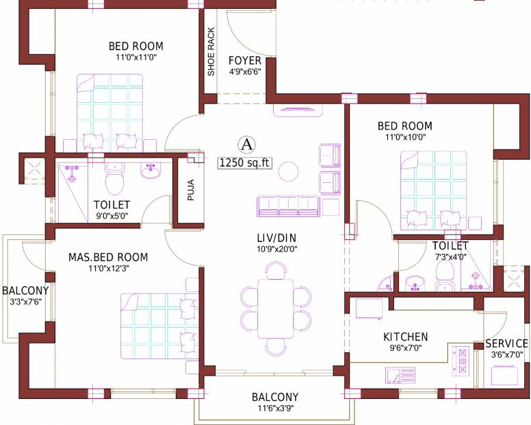 Pushkar Mayfair (3BHK+2T (1,250 sq ft) + Pooja Room 1250 sq ft)