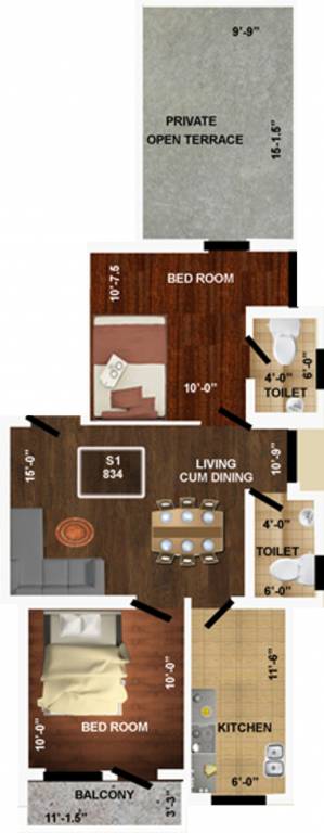 Ample Aabharanaa (2BHK+2T (834 sq ft) 834 sq ft)