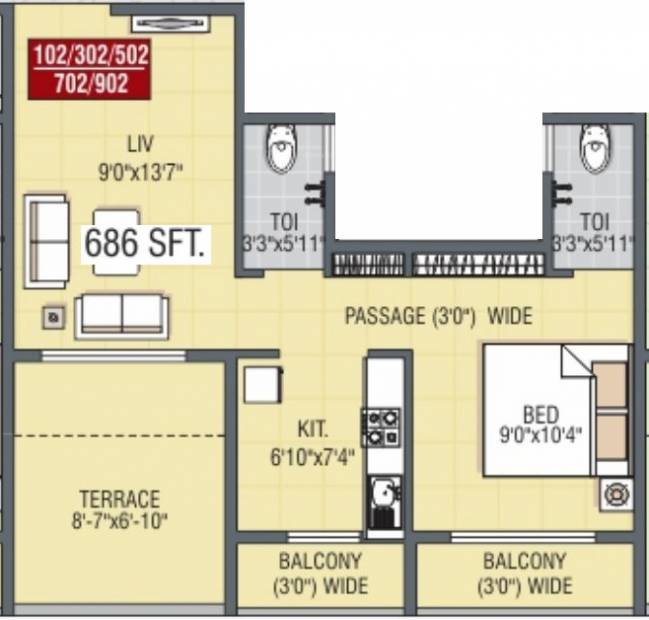 JP Harmony (1BHK+2T (686 sq ft) 686 sq ft)