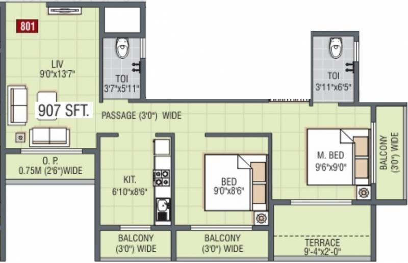 JP Harmony (2BHK+2T (907 sq ft) 907 sq ft)