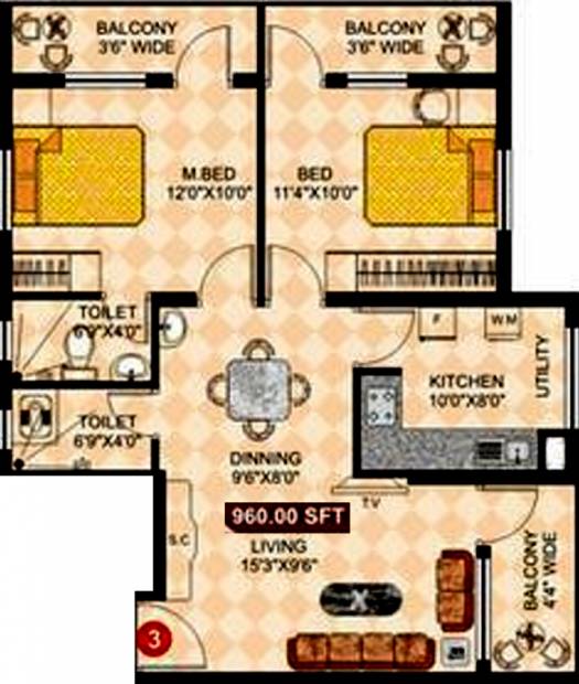 SMR Group Westgate Adeena (2BHK+2T (960 sq ft) 960 sq ft)