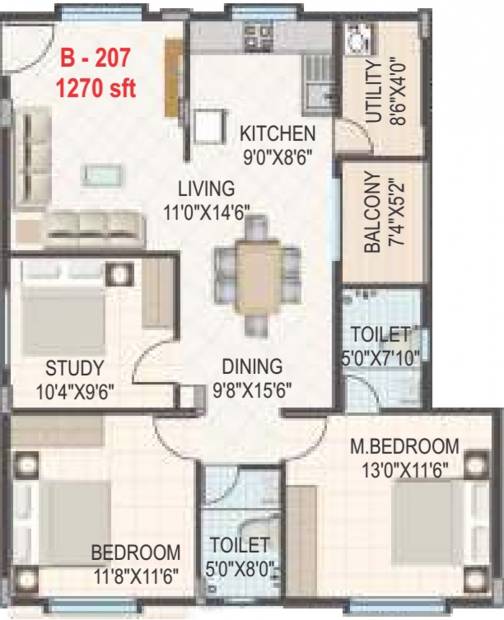 Gomati Iris (2BHK+2T (1,270 sq ft) + Study Room 1270 sq ft)