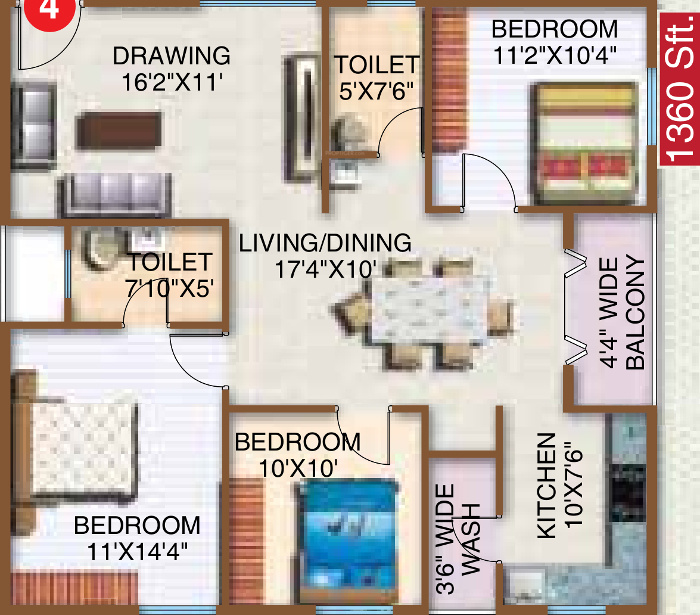 SK Daisy (3BHK+2T (1,360 sq ft) 1360 sq ft)