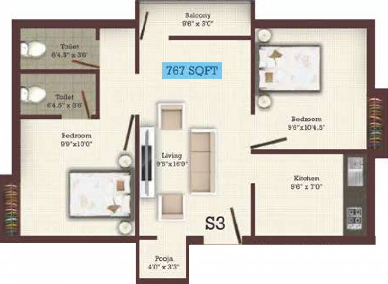 KVR Akshaya (2BHK+2T (767 sq ft) + Pooja Room 767 sq ft)