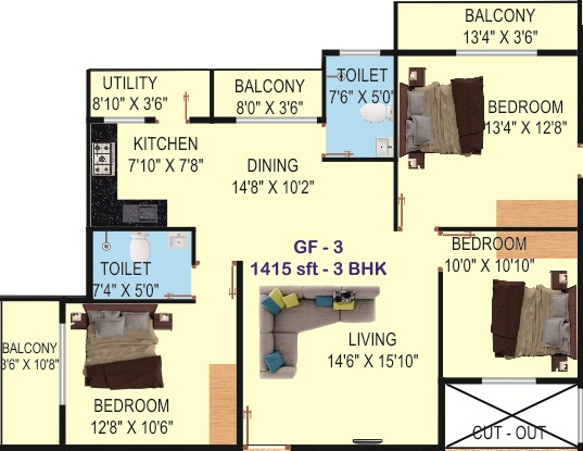  Trillium Apartments (3BHK+2T (1,415 sq ft) 1415 sq ft)