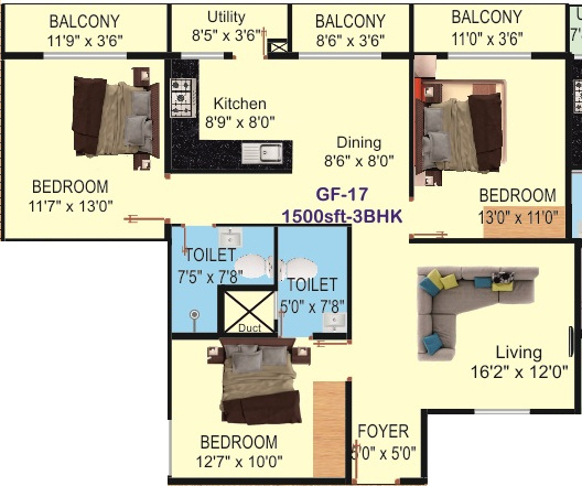  Trillium Apartments (3BHK+2T (1,500 sq ft) 1500 sq ft)