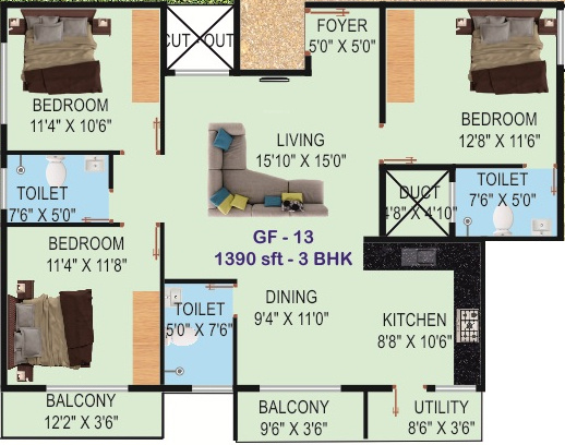  Trillium Apartments (3BHK+3T (1,390 sq ft) 1390 sq ft)