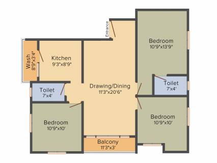 1202 Sq Ft 3 Bhk Floor Plan Image Sumangali Homes Crown