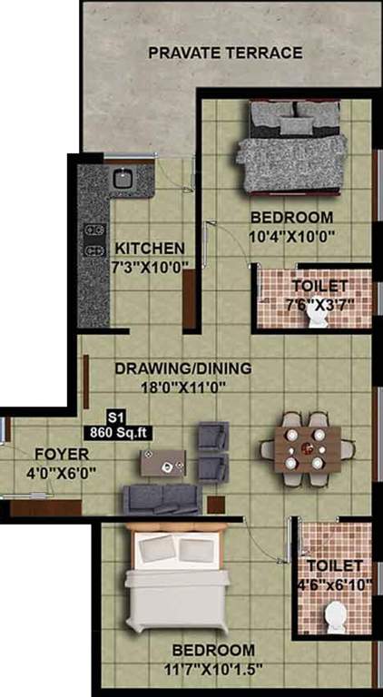 Sumangali Trinity (2BHK+2T (860 sq ft) 860 sq ft)