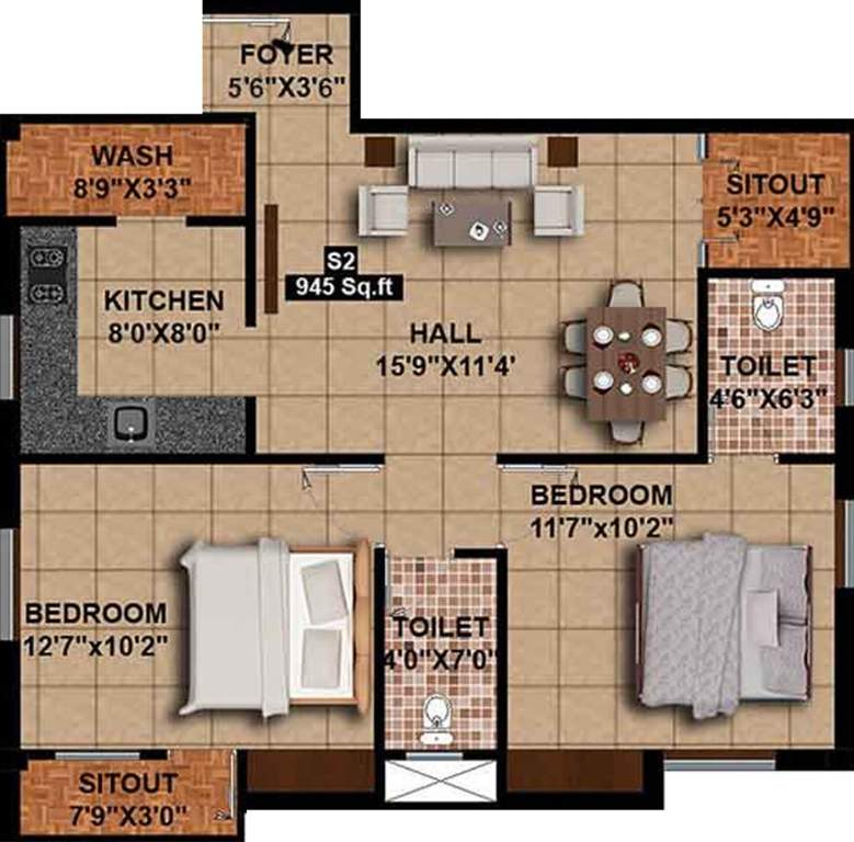 Sumangali Trinity (2BHK+2T (945 sq ft) 945 sq ft)
