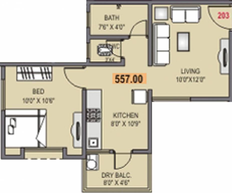 Swaraa 133 Orange Tree (1BHK+1T (557 sq ft) 557 sq ft)