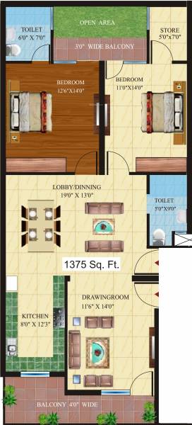 Vaishno Associates Somdutt City Apartment (2BHK+2T (1,375 sq ft) 1375 sq ft)