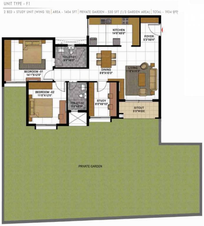 Prestige Casabella (2BHK+2T (1,934 sq ft)   Study Room 1934 sq ft)