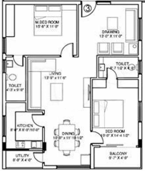 Rami Reddy Laxmi Ram Trident (2BHK+2T (1,377 sq ft) 1377 sq ft)