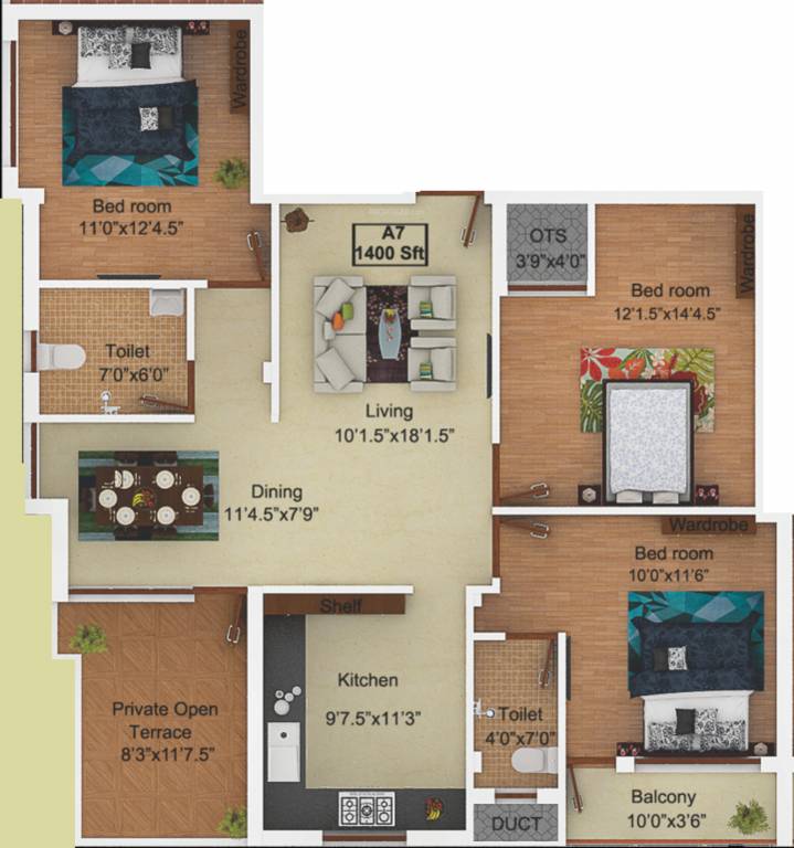 Ryka Chola Brooks (3BHK+2T (1,400 sq ft) 1400 sq ft)