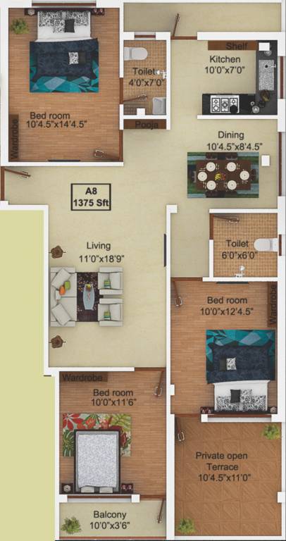 Ryka Chola Brooks (3BHK+2T (1,375 sq ft) 1375 sq ft)
