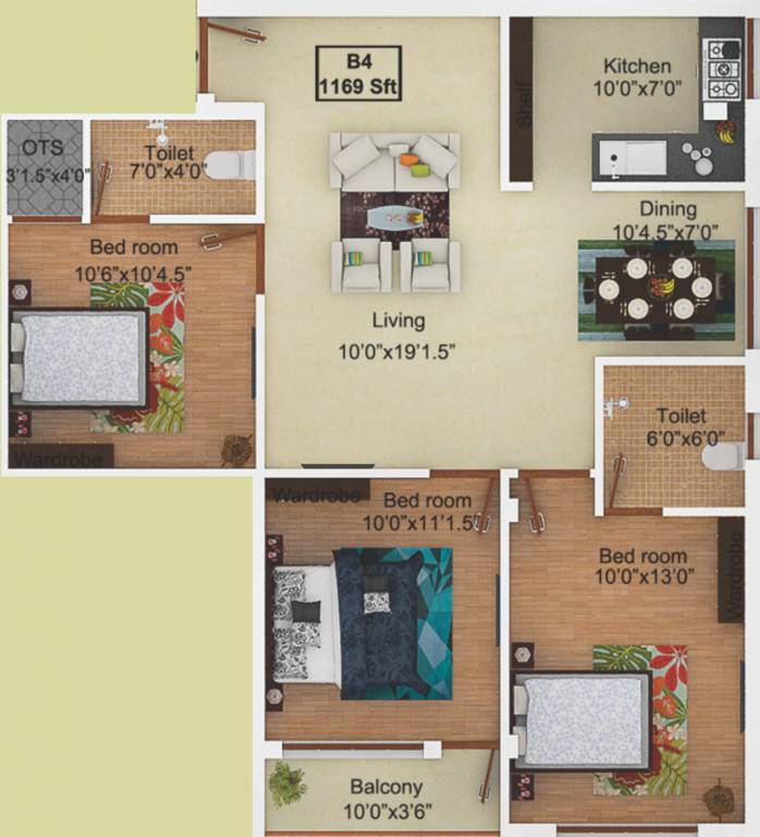 Ryka Chola Brooks (3BHK+2T (1,169 sq ft) 1169 sq ft)