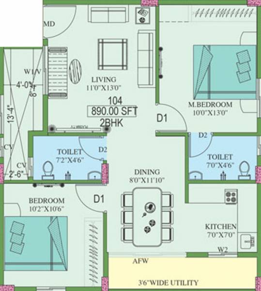 Kruthi Lake View Enclave (2BHK+2T (890 sq ft) 890 sq ft)