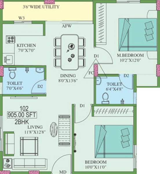 Kruthi Lake View Enclave (2BHK+2T (905 sq ft) 905 sq ft)