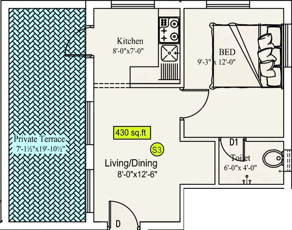Sekaran Studio 6 Apartment (1BHK+1T (430 sq ft) 430 sq ft)